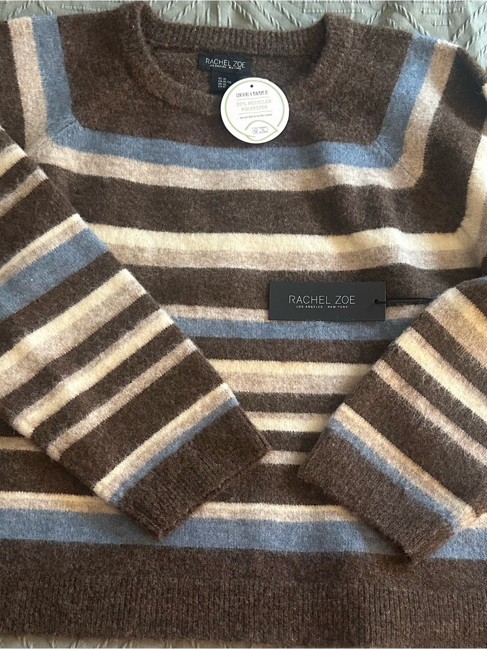 Rachel Zoe Women’s Striped, Soft Crewneck Sweater - Brown, Cream & Blue Size XL